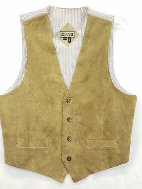 Hunting Horn J Riggings Vest Waistcoat Mens M/L Tan White Leather Pockets V-Neck